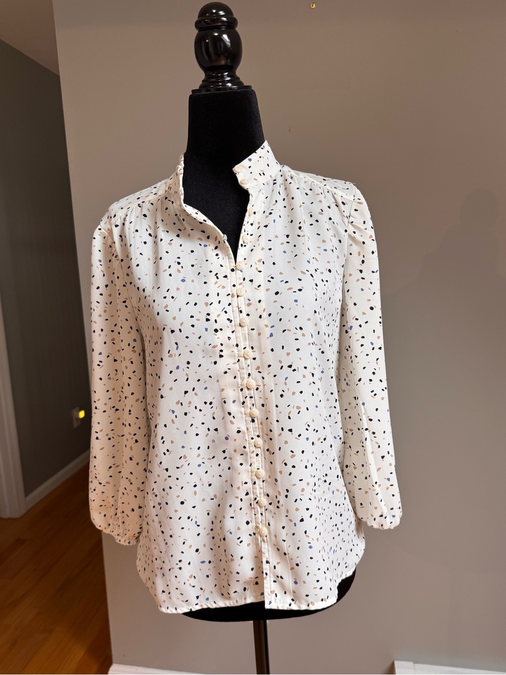 Ann Taylor Factory White Button-Down Blouse with Black & Navy Dot Print